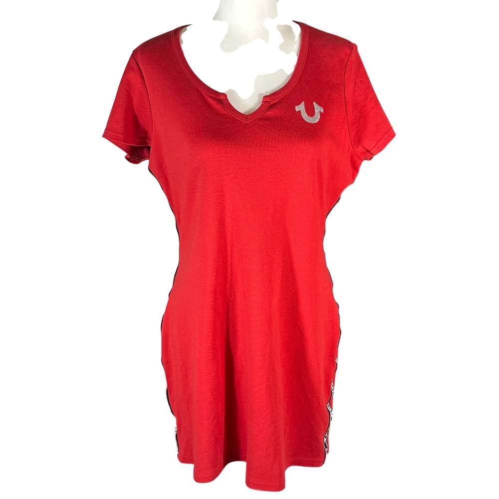 True Religion Taping Tee Dress Women XL Red Short Sleeve Glitter Logo Sporty